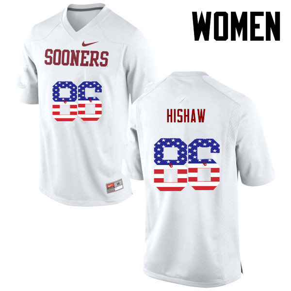 Women Oklahoma Sooners #86 Carlos Hishaw College Football USA Flag Fashion Jerseys-White - Click Image to Close
